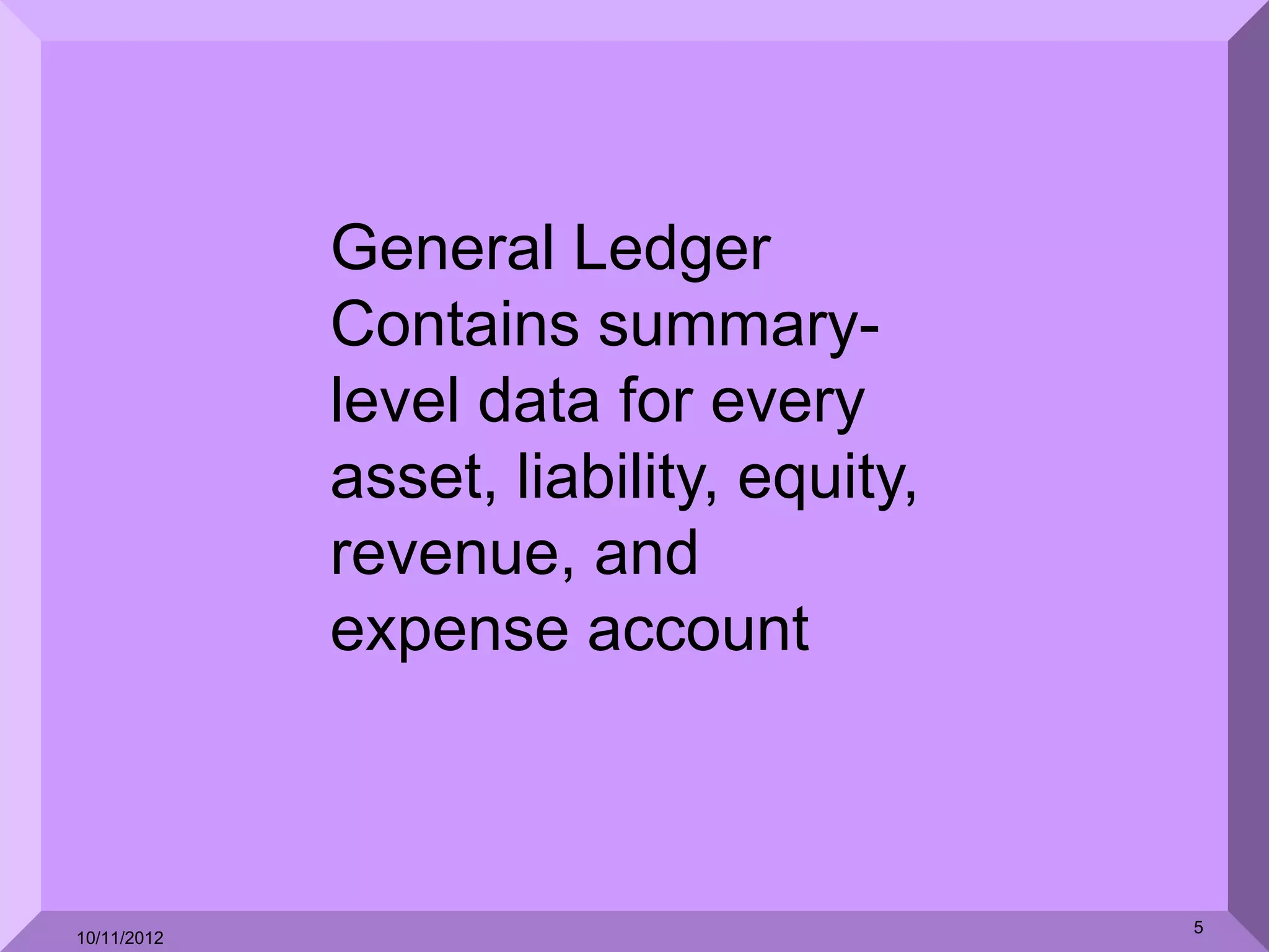 General Ledger
             Contains summary-
             level data for every
             asset, liability, equity,
             revenue, and
             expense account



                                         5
10/11/2012
 