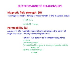 ELECTROMAGNETIC RELATIONSHIPS
Magnetic field strength: (H)
The magneto motive force per meter length of the magnetic circuit
H = (N I) / L
Unit is AT / meter
Permeability [μ]
A property of a magnetic material which indicates the ability of
magnetic circuit to carry electromagnetic flux.
Ratio of flux density to the magnetizing force,
μ = B / H
Unit: henry / meter
Permeability of free space or air or non magnetic material
μ0=4π*10-7
Relative permeability [μr ]
μ = μ0μr
 