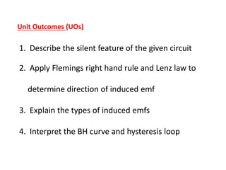 Unit Outcomes (UOs)
1. Describe the silent feature of the given circuit
2. Apply Flemings right hand rule and Lenz law to
determine direction of induced emf
3. Explain the types of induced emfs
4. Interpret the BH curve and hysteresis loop
 