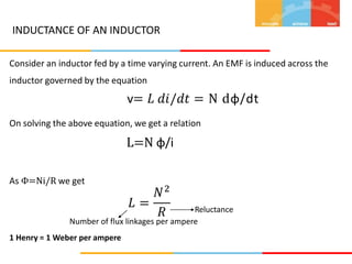 INDUCTANCE OF AN INDUCTOR
Consider an inductor fed by a time varying current. An EMF is induced across the
inductor governed by the equation
v= 𝐿 𝑑𝑖/𝑑𝑡 = N dφ/dt
On solving the above equation, we get a relation
L=N φ/i
As Φ=Ni/R we get
Reluctance
𝐿 =
𝑁2
𝑅
Number of flux linkages per ampere
1 Henry = 1 Weber per ampere
 