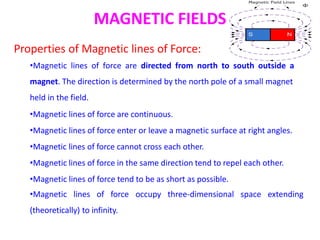 MAGNETIC FIELDS
Properties of Magnetic lines of Force:
•Magnetic lines of force are directed from north to south outside a
magnet. The direction is determined by the north pole of a small magnet
held in the field.
•Magnetic lines of force are continuous.
•Magnetic lines of force enter or leave a magnetic surface at right angles.
•Magnetic lines of force cannot cross each other.
•Magnetic lines of force in the same direction tend to repel each other.
•Magnetic lines of force tend to be as short as possible.
•Magnetic lines of force occupy three-dimensional space extending
(theoretically) to infinity.
 