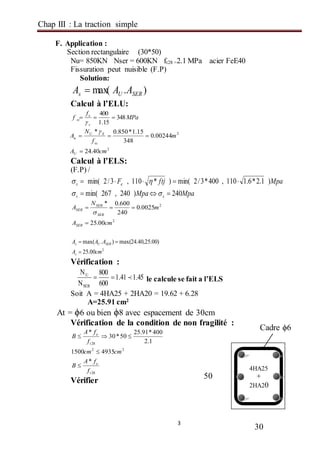 Chap III : La traction simple
3
F. Application :
Section rectangulaire (30*50)
Nu= 850KN Nser = 600KN ft28 =2.1 MPa acier FeE40
Fissuration peut nuisible (F.P)
Solution:
).max( SERUs AAA 
Calcul à l’ELU:
MPa
f
f
s
e
sc 348
15.1
400


2
2
40.24
00244.0
348
15.1*850.0*
cmA
m
f
N
A
U
sc
SU
u



Calcul à l’ELS:
(F.P) /
MpaMpa
MpaftjF
ss
es
240)402,672min(
)1.2*6.1110,400*3/2min()*110,3/2min(




2
2
00.25
0025.0
240
600.0*
cmA
m
N
A
SER
SER
SER
SER



2
00.25
)00.25,40.24max().max(
cmA
AAA
s
SERUs


Vérification :
45.141.1
600
800
N
N
SER
U
 le calcule se fait a l’ELS
Soit A = 4HA25 + 2HA20 = 19.62 + 6.28
A=25.91 cm2
At = ϕ6 ou bien ϕ8 avec espacement de 30cm
Vérification de la condition de non fragilité :
28
22
28
*
49351500
1.2
400*91.25
50*30
*
t
e
t
e
f
fA
B
cmcm
f
fA
B



Vérifier
4HA25
+
2HA20
30
50
Cadre ϕ6
 