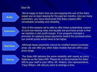 Dear Sir
We’re happy to learn that you are enjoying the use of the Sako
copier you’ve been leasing for the past ten months. Like our many
customers, you have discovered that Sako copiers offer
remarkable versatility and reliability.
One of the reasons we’re able to offer these outstanding copiers
at such low leasing rates and equally low purchase prices is that
we maintain a slim profit margin. If our program included a
provision for applying lease payments toward the purchase price,
our overall prices would have to be higher.
Although lease payments cannot be credited toward purchase
price, we can offer you other Sako models that are within your
price range.
The Sako 400 delivers the same reliability with nearly as many
features as the Sako 600. Please let us demonstrate the Sako
400 to your staff in your office, Mr. Waters. Our representative,
Tracy Wilson, will call you soon to arrange a time.
Buffer
Explanation
Bad News
Closing
 