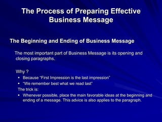 The Process of Preparing Effective
Business Message
The Beginning and Ending of Business Message
The most important part of Business Message is its opening and
closing paragraphs.
Why ?
 Because “First Impression is the last impression”
 “We remember best what we read last”
The trick is:
 Whenever possible, place the main favorable ideas at the beginning and
ending of a message. This advice is also applies to the paragraph.
 