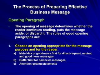 The Process of Preparing Effective
Business Message
Opening Paragraph
• The opening of message determines whether the
reader continues reading, puts the message
aside, or discard it. The rules of good opening
paragraphs are:
1. Choose an opening appropriate for the message
purpose and for the reader.
a) Main Idea or good-news first for direct-request, neutral,
and good news messages
b) Buffer first for bad news messages.
c) Attention-getting statements
 