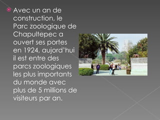 Avec un an de construction, le Parc zoologique de Chapultepec a ouvert ses portes en 1924, aujord’hui il est entre des parcs zoologiques les plus importants du monde avec plus de 5 millions de visiteurs par an. 