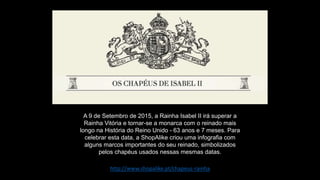 http://www.shopalike.pt/chapeus-rainha
A 9 de Setembro de 2015, a Rainha Isabel II irá superar a
Rainha Vitória e tornar-se a monarca com o reinado mais
longo na História do Reino Unido - 63 anos e 7 meses. Para
celebrar esta data, a ShopAlike criou uma infografia com
alguns marcos importantes do seu reinado, simbolizados
pelos chapéus usados nessas mesmas datas.
 