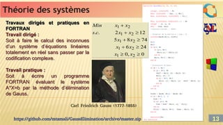Théorie des systèmes
Théorie des systèmes
Travaux dirigés et pratiques en
FORTRAN
Travail dirigé :
Soit à faire le calcul des inconnues
d’un système d’équations linéaires
totalement en réel sans passer par la
codification complexe.
Travail pratique :
Soit à écrire un programme
FORTRAN évaluant le système
A*X=b par la méthode d’élimination
de Gauss.
Travaux dirigés et pratiques en
FORTRAN
Travail dirigé :
Soit à faire le calcul des inconnues
d’un système d’équations linéaires
totalement en réel sans passer par la
codification complexe.
Travail pratique :
Soit à écrire un programme
FORTRAN évaluant le système
A*X=b par la méthode d’élimination
de Gauss.
https://github.com/mtamali/GaussElimination/archive/master.zip
Carl Friedrich Gauss (1777-1855)
13
13
 