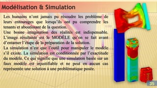 Les humains n’ont jamais pu résoudre les problème de
leurs entourages que lorsqu’ils ont pu comprendre les
tenants et aboutissant de la question.
Une bonne imagination des réalités est indispensable.
L’image résultante est le MODÈLE qu’on se fait avant
d’entamer l’étape de la préparation de la solution.
La simulation n’est que l’outil pour manipuler le modèle
s’il existe. La simulation est conditionnée par l’exactitude
du modèle. Ce qui signifie que une simulation basée sur un
faux modèle est injustifiable et ne peut en aucun cas
représentée une solution à une problématique posée.
Les humains n’ont jamais pu résoudre les problème de
leurs entourages que lorsqu’ils ont pu comprendre les
tenants et aboutissant de la question.
Une bonne imagination des réalités est indispensable.
L’image résultante est le MODÈLE qu’on se fait avant
d’entamer l’étape de la préparation de la solution.
La simulation n’est que l’outil pour manipuler le modèle
s’il existe. La simulation est conditionnée par l’exactitude
du modèle. Ce qui signifie que une simulation basée sur un
faux modèle est injustifiable et ne peut en aucun cas
représentée une solution à une problématique posée.
Modélisation & Simulation
Modélisation & Simulation
35
35
 