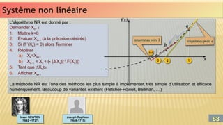 Système non linéaire
Système non linéaire
L’algorithme NR est donné par :
Demander X0, 
1. Mettre k=0
2. Evaluer Xk+1 (à la précision désirée)
3. Si (f ’(Xk) = 0) alors Terminer
4. Répéter
a) Xk=Xk+1
b) Xk+1 = Xk + (- [J(Xk)]-1
.F(Xk)])
5. Tant que Xk≥
6. Afficher Xk+1
La méthode NR est l’une des méthode les plus simple à implémenter, très simple d’utilisation et efficace
numériquement. Beaucoup de variantes existent (Fletcher-Powell, Bellman, …)
L’algorithme NR est donné par :
Demander X0, 
1. Mettre k=0
2. Evaluer Xk+1 (à la précision désirée)
3. Si (f ’(Xk) = 0) alors Terminer
4. Répéter
a) Xk=Xk+1
b) Xk+1 = Xk + (- [J(Xk)]-1
.F(Xk)])
5. Tant que Xk≥
6. Afficher Xk+1
La méthode NR est l’une des méthode les plus simple à implémenter, très simple d’utilisation et efficace
numériquement. Beaucoup de variantes existent (Fletcher-Powell, Bellman, …)
Isaac NEWTON
(1642 −1727)
Isaac NEWTON
(1642 −1727)
Joseph Raphson
(1648-1715)
Joseph Raphson
(1648-1715) 63
63
 