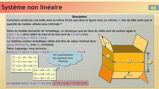 Système non linéaire
Système non linéaire
Simulation
Comment construire une boîte avec la même forme que dans la figure avec un volume V0 fixe de telle sorte que la
quantité de matière utilisée sera minimale ?
Selon le modèle demandé de l’emballage, on remarque que les face de côtés sont de surface égale à
2.(a.c + b.c) alors celles du haut et du bas sont de 2.2.(a.b) d’où :
F(a, b, c) = 2.a.c + 2.b.c + 4.a.b
Le matériau (carton emballage) utilisé doit être de valeur minimal donc :
g(a,b,c)=a.b.c=V0, avec V0 constante.
Selon Lagrange, nous écrivons :
L(a,b,c,) = (2.a.c + 2.b.c + 4.a.b) + .(a.b.c - V0), a,b, et c ≥ 0
La solution est b = a et c = 2.a d’où a = b = (c/2) = (V0/2)^(1/3)
Simulation
Comment construire une boîte avec la même forme que dans la figure avec un volume V0 fixe de telle sorte que la
quantité de matière utilisée sera minimale ?
Selon le modèle demandé de l’emballage, on remarque que les face de côtés sont de surface égale à
2.(a.c + b.c) alors celles du haut et du bas sont de 2.2.(a.b) d’où :
F(a, b, c) = 2.a.c + 2.b.c + 4.a.b
Le matériau (carton emballage) utilisé doit être de valeur minimal donc :
g(a,b,c)=a.b.c=V0, avec V0 constante.
Selon Lagrange, nous écrivons :
L(a,b,c,) = (2.a.c + 2.b.c + 4.a.b) + .(a.b.c - V0), a,b, et c ≥ 0
La solution est b = a et c = 2.a d’où a = b = (c/2) = (V0/2)^(1/3)
Par transformation
des équations nous
obtenons
Par transformation
des équations nous
obtenons
66
66
 