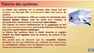 Théorie des systèmes
Théorie des systèmes
La théorie des systèmes est un principe selon lequel tout est
système, ou tout peut être conceptualisé selon une logique de
système.
Ce principe est formalisé en 1968 par Ludwig Von Bertalanffy dans
General System Theory, mais les bases sont multiples, la
principale étant certainement le mouvement cybernétique.
Ces théories ont permis l'établissement de la systémique en tant
que méthodologie scientifique ainsi la base théorique associée est
aujourd'hui appelé théorie systémique.
La théorie des systèmes décrit la réalité observée et suggère
d’établir des liens logiques entre les facteurs, les acteurs et les
évenements.
Elle permet ainsi de découvrir que les causalités linéaires
simplistes ne sont pas suffisantes pour expliquer les choses et que
les corrélations établies entre les facteurs sont très nombreuses
chose qui nécessite encore plus d’attention.
La théorie des systèmes est un principe selon lequel tout est
système, ou tout peut être conceptualisé selon une logique de
système.
Ce principe est formalisé en 1968 par Ludwig Von Bertalanffy dans
General System Theory, mais les bases sont multiples, la
principale étant certainement le mouvement cybernétique.
Ces théories ont permis l'établissement de la systémique en tant
que méthodologie scientifique ainsi la base théorique associée est
aujourd'hui appelé théorie systémique.
La théorie des systèmes décrit la réalité observée et suggère
d’établir des liens logiques entre les facteurs, les acteurs et les
évenements.
Elle permet ainsi de découvrir que les causalités linéaires
simplistes ne sont pas suffisantes pour expliquer les choses et que
les corrélations établies entre les facteurs sont très nombreuses
chose qui nécessite encore plus d’attention.
8
8
 