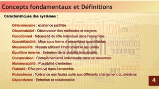 7
Concepts fondamentaux et DéfinitionsConcepts fondamentaux et Définitions
44
Caractéristiques des systèmes :
Déterminisme : existence justifiée
Observabilité : Observation des méthodes et moyens
Fonctionnel : Nécessité du rôle individuel dans l’ensemble
Quantifiabilité : Mise sous forme d’ensembles quantifiables
Mesurabilité : Mesure utilisant l’instrument et les unités
Équilibre interne : Entretien de la stabilité individuelle
Composition : Complémentarité individuelle dans un ensemble
Maintenabilité : Possibilité d’entretien
Fiabilité : Rôle prouvé dans l’ensemble
Robustesse : Tolérance aux fautes suite aux différents chargement du système
Dépendance : Entretien et collaboration
Caractéristiques des systèmes :
Déterminisme : existence justifiée
Observabilité : Observation des méthodes et moyens
Fonctionnel : Nécessité du rôle individuel dans l’ensemble
Quantifiabilité : Mise sous forme d’ensembles quantifiables
Mesurabilité : Mesure utilisant l’instrument et les unités
Équilibre interne : Entretien de la stabilité individuelle
Composition : Complémentarité individuelle dans un ensemble
Maintenabilité : Possibilité d’entretien
Fiabilité : Rôle prouvé dans l’ensemble
Robustesse : Tolérance aux fautes suite aux différents chargement du système
Dépendance : Entretien et collaboration
 