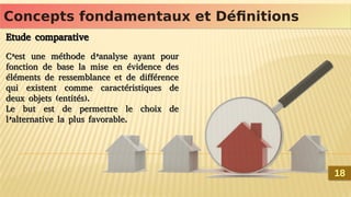 Concepts fondamentaux et Définitions
Concepts fondamentaux et Définitions
Etude comparative
C’est une méthode d’analyse ayant pour
fonction de base la mise en évidence des
éléments de ressemblance et de différence
qui existent comme caractéristiques de
deux objets (entités).
Le but est de permettre le choix de
l’alternative la plus favorable.
Etude comparative
C’est une méthode d’analyse ayant pour
fonction de base la mise en évidence des
éléments de ressemblance et de différence
qui existent comme caractéristiques de
deux objets (entités).
Le but est de permettre le choix de
l’alternative la plus favorable.
18
18
 