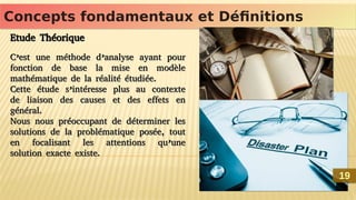 Concepts fondamentaux et Définitions
Concepts fondamentaux et Définitions
Etude Théorique
C’est une méthode d’analyse ayant pour
fonction de base la mise en modèle
mathématique de la réalité étudiée.
Cette étude s’intéresse plus au contexte
de liaison des causes et des effets en
général.
Nous nous préoccupant de déterminer les
solutions de la problématique posée, tout
en focalisant les attentions qu’une
solution exacte existe.
Etude Théorique
C’est une méthode d’analyse ayant pour
fonction de base la mise en modèle
mathématique de la réalité étudiée.
Cette étude s’intéresse plus au contexte
de liaison des causes et des effets en
général.
Nous nous préoccupant de déterminer les
solutions de la problématique posée, tout
en focalisant les attentions qu’une
solution exacte existe.
19
19
 