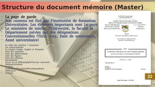 Structure du document mémoire (Master)
Structure du document mémoire (Master)
•
La page de garde
•
Son contenu est fixé par l’institution de formation
•
Universitaire. Les éléments importants sont Le pays
•
Le ministère de tutelle, l’Université, la faculté et
•
Département suivies par des désignations
•
Conventionnelles (Titre, Jury, Date de soutenance,
•
Anné universitaire)
•
•
La table des matières | Sommaire
•
Les remerciements
•
Le résumé (Arabe, Anglais et Français)
•
Liste des symboles
•
Liste des abbréviations
•
Liste des figures
•
Liste des tableaux
•
Introduction
•
Revue de la bibliographie/Travaux concernés
•
Méthode/Solution
•
Analyse
•
Conclusion/Discussion/Recommandation
•
Références
•
Annexes
•
La page de garde
•
Son contenu est fixé par l’institution de formation
•
Universitaire. Les éléments importants sont Le pays
•
Le ministère de tutelle, l’Université, la faculté et
•
Département suivies par des désignations
•
Conventionnelles (Titre, Jury, Date de soutenance,
•
Anné universitaire)
•
•
La table des matières | Sommaire
•
Les remerciements
•
Le résumé (Arabe, Anglais et Français)
•
Liste des symboles
•
Liste des abbréviations
•
Liste des figures
•
Liste des tableaux
•
Introduction
•
Revue de la bibliographie/Travaux concernés
•
Méthode/Solution
•
Analyse
•
Conclusion/Discussion/Recommandation
•
Références
•
Annexes
22
22
 