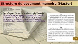 Structure du document mémoire (Master)
Structure du document mémoire (Master)
•
La page de garde
•
La table des matières | Sommaire
•
Les remerciements
•
•
Les résumés (Arabe, Anglais et puis Français)
•
Ils représente un aperçu condensé de tout le
mémoire de fin d’étude, tout en revoyant
pertinence, cohérence entre problématique,
identification, méthode, analyse et déductions.
•
•
Liste des symboles
•
Liste des abbréviations
•
Liste des figures
•
Liste des tableaux
•
Introduction
•
Revue de la bibliographie/Travaux concernés
•
Méthode/Solution
•
Analyse
•
Conclusion/Discussion/Recommandation
•
Références
•
Annexes
•
La page de garde
•
La table des matières | Sommaire
•
Les remerciements
•
•
Les résumés (Arabe, Anglais et puis Français)
•
Ils représente un aperçu condensé de tout le
mémoire de fin d’étude, tout en revoyant
pertinence, cohérence entre problématique,
identification, méthode, analyse et déductions.
•
•
Liste des symboles
•
Liste des abbréviations
•
Liste des figures
•
Liste des tableaux
•
Introduction
•
Revue de la bibliographie/Travaux concernés
•
Méthode/Solution
•
Analyse
•
Conclusion/Discussion/Recommandation
•
Références
•
Annexes
25
25
 