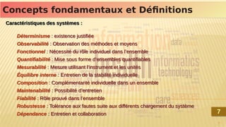 7
Concepts fondamentaux et Définitions
Concepts fondamentaux et Définitions
Caractéristiques des systèmes :
Déterminisme : existence justifiée
Observabilité : Observation des méthodes et moyens
Fonctionnel : Nécessité du rôle individuel dans l’ensemble
Quantifiabilité : Mise sous forme d’ensembles quantifiables
Mesurabilité : Mesure utilisant l’instrument et les unités
Équilibre interne : Entretien de la stabilité individuelle
Composition : Complémentarité individuelle dans un ensemble
Maintenabilité : Possibilité d’entretien
Fiabilité : Rôle prouvé dans l’ensemble
Robustesse : Tolérance aux fautes suite aux différents chargement du système
Dépendance : Entretien et collaboration
Caractéristiques des systèmes :
Déterminisme : existence justifiée
Observabilité : Observation des méthodes et moyens
Fonctionnel : Nécessité du rôle individuel dans l’ensemble
Quantifiabilité : Mise sous forme d’ensembles quantifiables
Mesurabilité : Mesure utilisant l’instrument et les unités
Équilibre interne : Entretien de la stabilité individuelle
Composition : Complémentarité individuelle dans un ensemble
Maintenabilité : Possibilité d’entretien
Fiabilité : Rôle prouvé dans l’ensemble
Robustesse : Tolérance aux fautes suite aux différents chargement du système
Dépendance : Entretien et collaboration 7
7
 