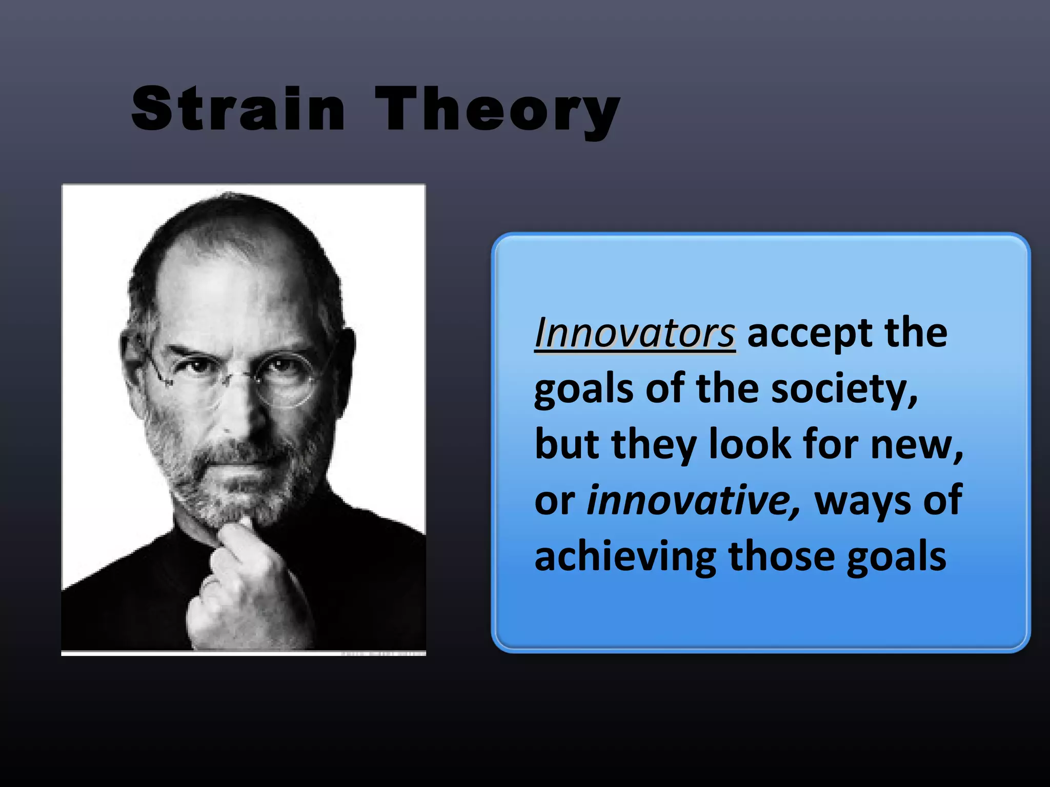 Strain Theory


          Innovators accept the
          goals of the society,
          but they look for new,
          or innovative, ways of
          achieving those goals
 