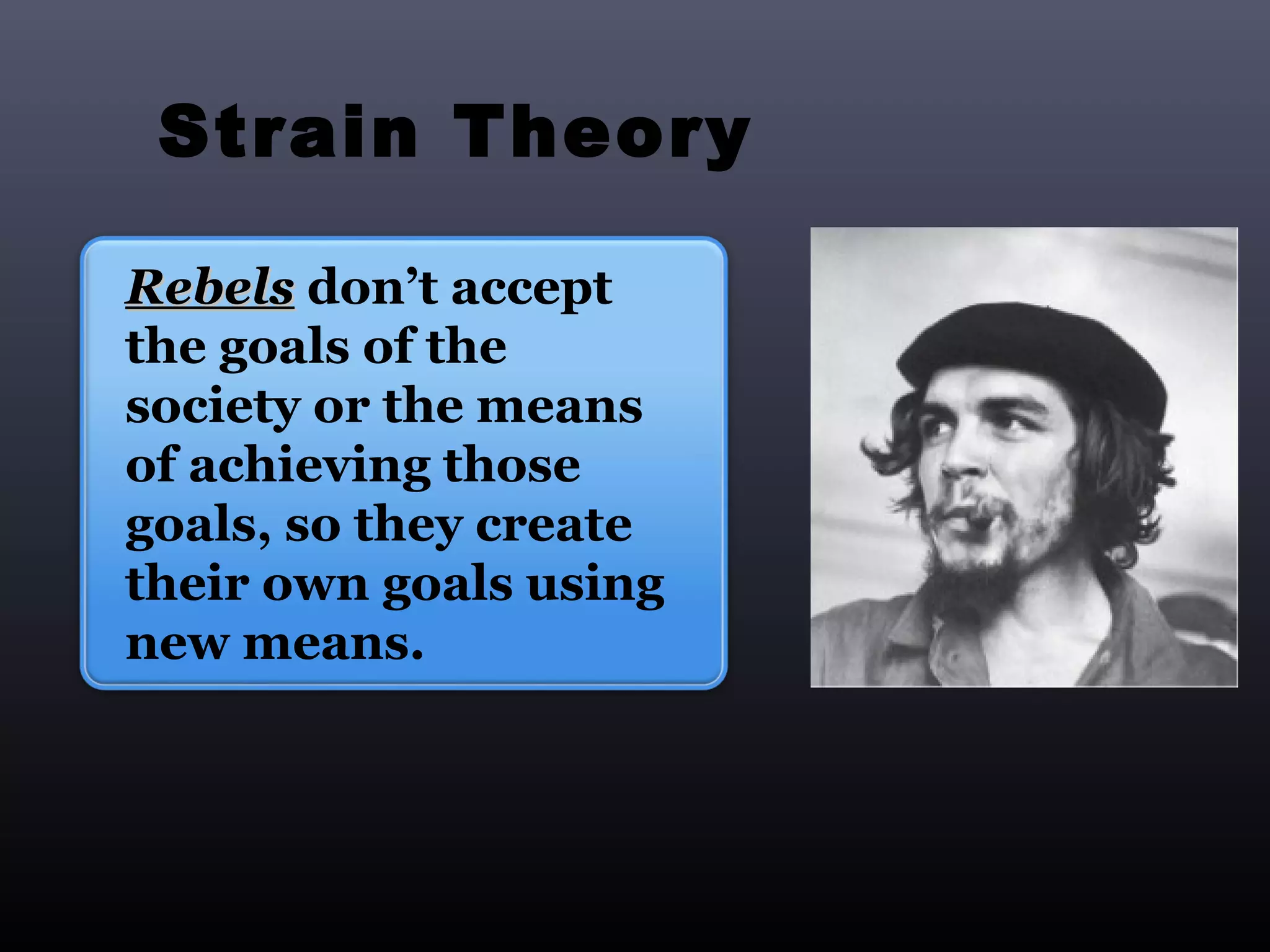 Strain Theory

Rebels don’t accept
the goals of the
society or the means
of achieving those
goals, so they create
their own goals using
new means.
 