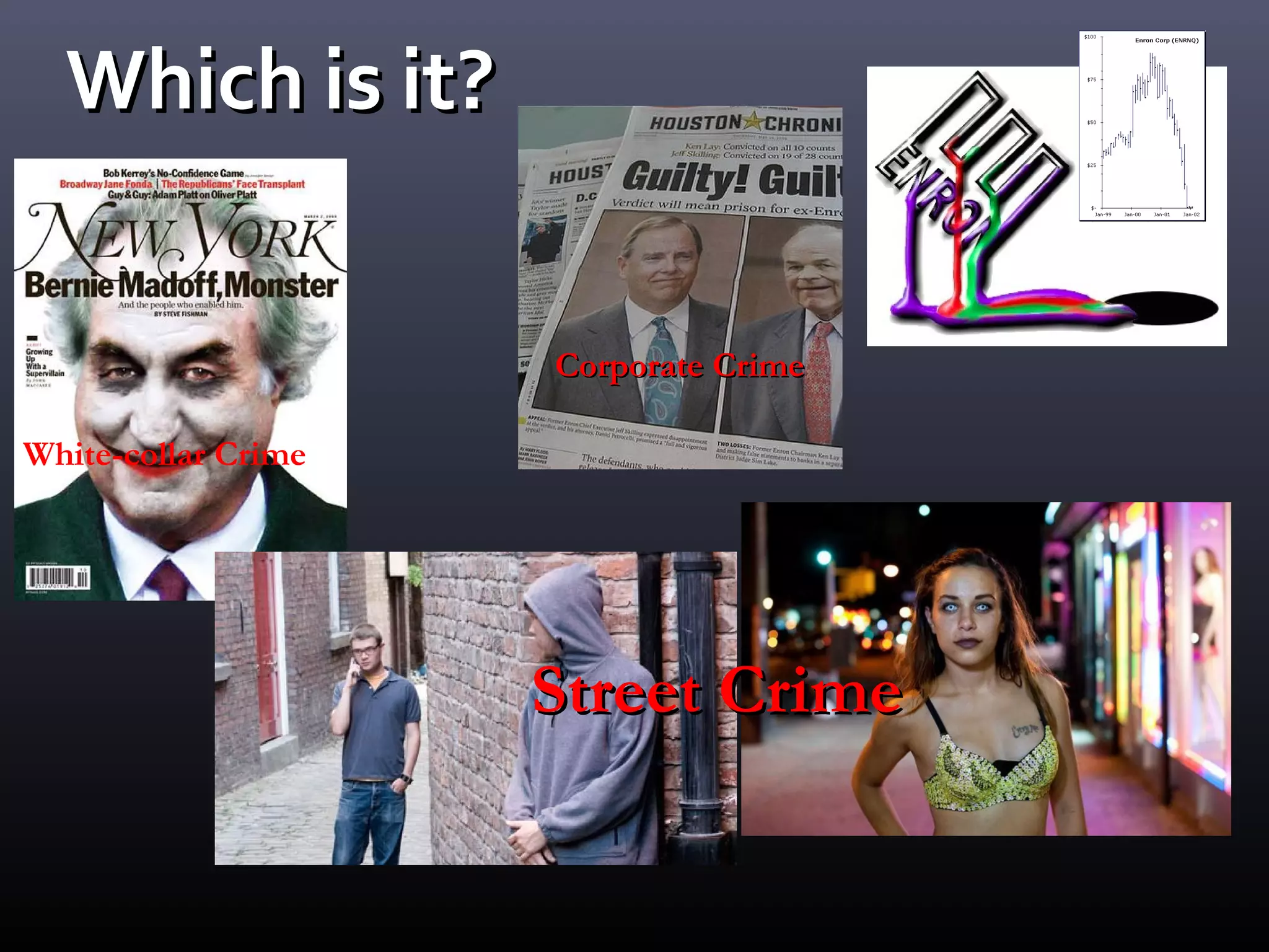 Which is it?


                     Corporate Crime

White-collar Crime




                     Street Crime
 