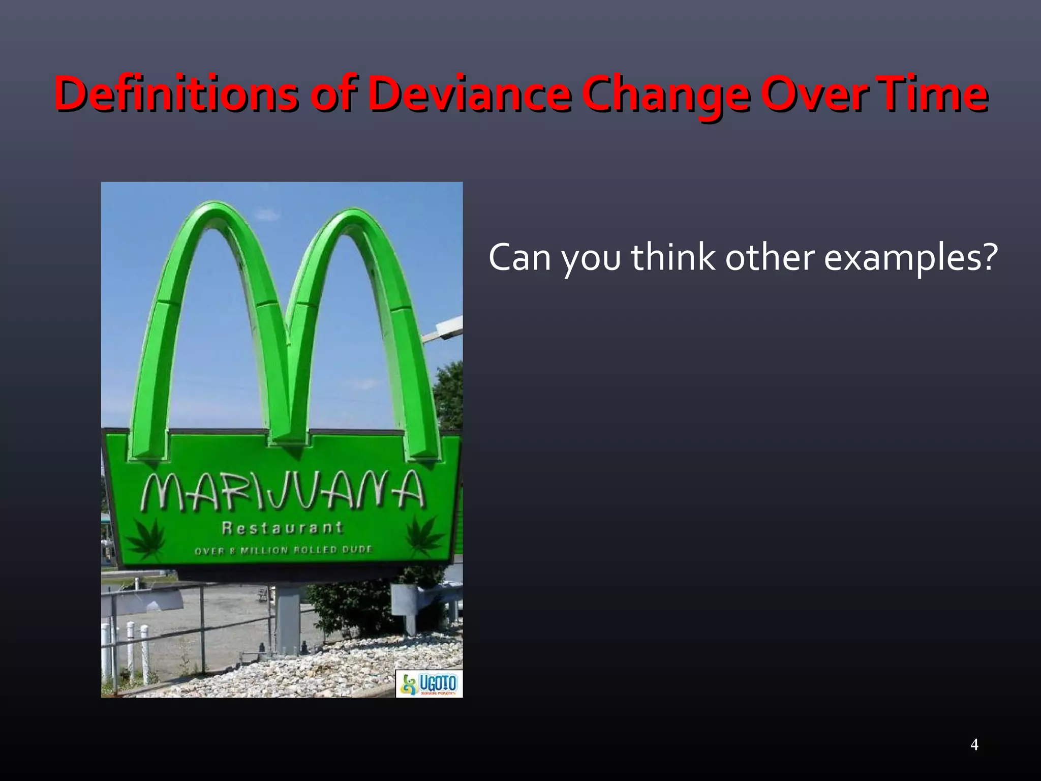 Definitions of Deviance Change Over Time


                  Can you think other examples?




                                             4
 