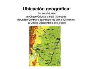 Ubicación geográfica:
Se subdivide en:
a) Chaco Oriental o bajo (húmedo),
b) Chaco Central o deprimido (de clima fluctuante),
c) Chaco Occidental o alto (seco)