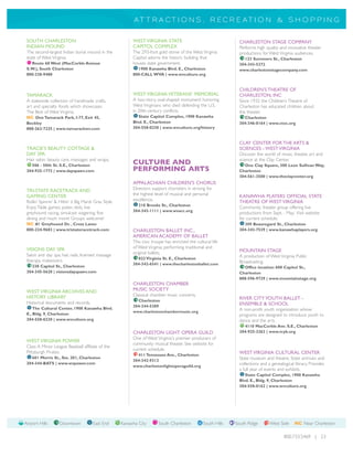 A T T R A CT I O N S , R E C R E A T I O N & S H O P P I N G


 SOUTH CHARLESTON                                           WEST VIRGINIA STATE                                   CHARLESTON STAGE COMPANY
 INDIAN MOUND                                               CAPITOL COMPLEX                                       Performs high quality and innovative theater
 The second-largest Indian burial mound in the              The 293-foot gold dome of the West Virginia           productions for West Virginia audiences.
 state of West Virginia.                                    Capitol adorns the historic building that               123 Summers St., Charleston
   Route 60 West (MacCorkle Avenue                          houses state government.                              304-343-5272
 S.W.), South Charleston                                      1900 Kanawha Blvd. E., Charleston                   www.charlestonstagecompany.com
 800-238-9488                                               800-CALL WVA | www.wvculture.org


                                                                                                                  CHILDREN’S THEATRE OF
 TAMARACK                                                   WEST VIRGINIA VETERANS’ MEMORIAL                      CHARLESTON, INC
 A statewide collection of handmade crafts,                 A two-story, oval-shaped monument honoring            Since 1932 the Children’s Theatre of
 art and specialty foods which showcases                    West Virginians who died defending the U.S.           Charleston has educated children about
 The Best of West Virginia.                                 in 20th-century conflicts.                            the theater.
 NC One Tamarack Park, I-77, Exit 45,                          State Capitol Complex, 1900 Kanawha                  Charleston
 Beckley                                                    Blvd. E., Charleston                                  304-346-0164 | www.ctoc.org
 888-262-7225 | www.tamarackwv.com                          304-558-0230 | www.wvculture.org/history


                                                                                                                  CLAY CENTER FOR THE ARTS &
 TRACIE’S BEAUTY COTTAGE &                                                                                        SCIENCES - WEST VIRGINIA
 DAY SPA                                                                                                          Discover the world of music, theater, art and
 Hair salon, beauty care, massages and wraps.                                                                     science at the Clay Center.
   506 - 50th St. S.E., Charleston
                                                            CULTURE AND                                             One Clay Square, 300 Leon Sullivan Way,
 304-925-1772 | www.dayspawv.com                            PERFORMING ARTS                                       Charleston
                                                                                                                  304-561-3500 | www.theclaycenter.org
                                                            APPALACHIAN CHILDREN’S CHORUS
 TRI-STATE RACETRACK AND                                    Directors support choristers in striving for
 GAMING CENTER                                              the highest level of musical and personal             KANAWHA PLAYERS OFFICIAL STATE
 Rollin’ Spinnin’ & Hittin’ it Big Mardi Gras Style.        excellence.                                           THEATRE OF WEST VIRGINIA
                                                              210 Brooks St., Charleston
 Enjoy Table games, poker, slots, live                                                                            Community theater group offering live
                                                            304-343-1111 | www.wvacc.org
 greyhound racing, simulcast wagering, fine                                                                       productions from Sept. - May. Visit website
 dining and much more! Groups welcome!                                                                            for current schedule.
 NC #1 Greyhound Dr. , Cross Lanes                                                                                  309 Beauregard St., Charleston
 800-224-9683 | www.tristateracetrack.com                   CHARLESTON BALLET INC.,                               304-343-7529 | www.kanawhaplayers.org
                                                            AMERICAN ACADEMY OF BALLET
                                                            This civic troupe has enriched the cultural life
 VISIONS DAY SPA                                            of West Virginia, performing traditional and
                                                            original ballets.                                     MOUNTAIN STAGE
 Salon and day spa; hair, nails, licensed massage                                                                 A production of West Virginia Public
                                                              822 Virginia St. E., Charleston
 therapy, makeovers.                                                                                              Broadcasting.
                                                            304-342-6541 | www.thecharlestonballet.com
   238 Capitol St., Charleston                                                                                      Office location: 600 Capitol St.,
 304-345-5620 | visionsdayspawv.com                                                                               Charleston
                                                                                                                  888-596-9729 | www.mountainstage.org
                                                            CHARLESTON CHAMBER
 WEST VIRGINIA ARCHIVES AND                                 MUSIC SOCIETY
 HISTORY LIBRARY                                            Classical chamber music concerts.
                                                              Charleston
                                                                                                                  RIVER CITY YOUTH BALLET -
 Historical documents and records.                                                                                ENSEMBLE & SCHOOL
                                                            304-344-5389
     The Cultural Center, 1900 Kanawha Blvd.                                                                      A non-profit youth organization whose
                                                            www.charlestonchambermusic.org
 E., Bldg. 9, Charleston                                                                                          programs are designed to introduce youth to
 304-558-0230 | www.wvculture.org                                                                                 dance and the arts.
                                                                                                                    4110 MacCorkle Ave. S.E., Charleston
                                                            CHARLESTON LIGHT OPERA GUILD                          304-925-3262 | www.rcyb.org
                                                            One of West Virginia's premier producers of
 WEST VIRGINIA POWER
                                                            community musical theater. See website for
 Class A Minor League Baseball affiliate of the
                                                            current schedule.
 Pittsburgh Pirates.                                                                                              WEST VIRGINIA CULTURAL CENTER
                                                              411 Tennessee Ave., Charleston
   601 Morris St., Ste. 201, Charleston                                                                           State museum and theatre, State archives and
                                                            304-342-9312
 304-344-BATS | www.wvpower.com                                                                                   collections and a genealogical library. Provides
                                                            www.charlestonlightoperaguild.org
                                                                                                                  a full year of events and exhibits.
                                                                                                                     State Capitol Complex, 1900 Kanawha
                                                                                                                  Blvd. E., Bldg. 9, Charleston
                                                                                                                  304-558-0162 | www.wvculture.org




Airport Hills       Downtown            East End       Kanawha City       South Charleston         South Hills   South Ridge       West Side     NC Near Charleston

                                                                                                                                           800.733.5469 | 23
 