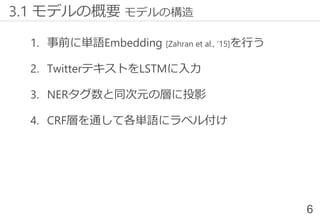 1. 事前に単語Embedding [Zahran et al., ‘15]を行う
2. TwitterテキストをLSTMに入力
3. NERタグ数と同次元の層に投影
4. CRF層を通して各単語にラベル付け
6
3.1 モデルの概要 モデルの構造
 