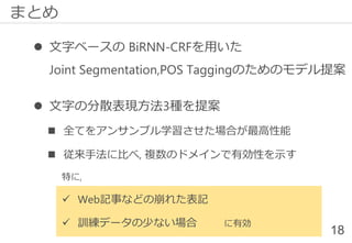 ⚫ 文字ベースの BiRNN-CRFを用いた
Joint Segmentation,POS Taggingのためのモデル提案
⚫ 文字の分散表現方法3種を提案
◼ 全てをアンサンブル学習させた場合が最高性能
◼ 従来手法に比べ, 複数のドメインで有効性を示す
特に,
✓ Web記事などの崩れた表記
✓ 訓練データの少ない場合 に有効
18
まとめ
 