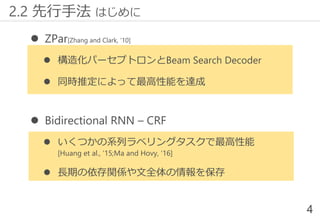 ⚫ ZPar[Zhang and Clark, ‘10]
⚫ 構造化パーセプトロンとBeam Search Decoder
⚫ 同時推定によって最高性能を達成
⚫ Bidirectional RNN – CRF
⚫ いくつかの系列ラベリングタスクで最高性能
[Huang et al., ’15;Ma and Hovy, ‘16]
⚫ 長期の依存関係や文全体の情報を保存
4
2.2 先行手法 はじめに
 