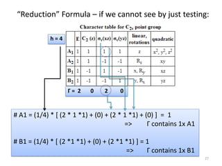 “Reduction” Formula – if we cannot see by just testing:
# A1 = (1/4) * [ (2 * 1 *1) + (0) + (2 * 1 *1) + (0) ] = 1
=> Γ contains 1x A1
# B1 = (1/4) * [ (2 *1 *1) + (0) + (2 *1 *1) ] = 1
=> Γ contains 1x B1
27
Г = 2 0 2 0
h = 4
 