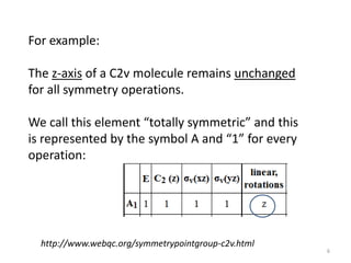 For example:
The z-axis of a C2v molecule remains unchanged
for all symmetry operations.
We call this element “totally symmetric” and this
is represented by the symbol A and “1” for every
operation:
http://www.webqc.org/symmetrypointgroup-c2v.html
6
 