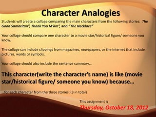Character Analogies
Students will create a collage comparing the main characters from the following stories: The
Good Samaritan”, Thank You M’am”, and “The Necklace”

Your collage should compare one character to a movie star/historical figure/ someone you
know.

The collage can include clippings from magazines, newspapers, or the internet that include
pictures, words or symbols.

Your collage should also include the sentence summary…

This character(write the character’s name) is like (movie
star/historical figure/ someone you know) because…
…for each character from the three stories. (3 in total)

                                                   This assignment is
                                                   Thursday, October 18, 2012
 