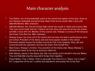 Main characteranalysis
• Troy Bolton, son of the basketball coach at the school and captain of the team. Ends up
torn between basketball and performing. Heart throb at the school, falls in love with
Gabriella Montez. Main character.
• Gabriella Montez, the new girl at East High school who excels in maths and science. Met
Troy over winter break and can’t believe her luck when she sees him at her new school
and falls in love with him. Member of the science club. Sharpay is envious of her because
she knows Troy likes her. Main character.
• Sharpay Evans, the show-off of the school who has been the lead in performances since
pre-school. President of the drama club and most popular student in the school.
Extremely spoiled, bosses her brother around as if he is her property. Very vain and
concerned with her reputation and how she looks. Puts herself first.
• Ryan Evans, Sharpay’s brother. Vice president of the drama club. Obeys Sharpay’s
demands but wants to be nice to everyone unlike her.
• Kelsi Neilsen, pianist in the drama club. Shy, but stands up for herself in the end. Makes
Troy and Gabriella sing the song which brings them together.
• Coach Bolton, Troy’s father. Tries to persuade Troy that he is a “player, not a singer”.
Isn’t supportive of his son’s wishes and aspirations and pushes him to the limit.
 