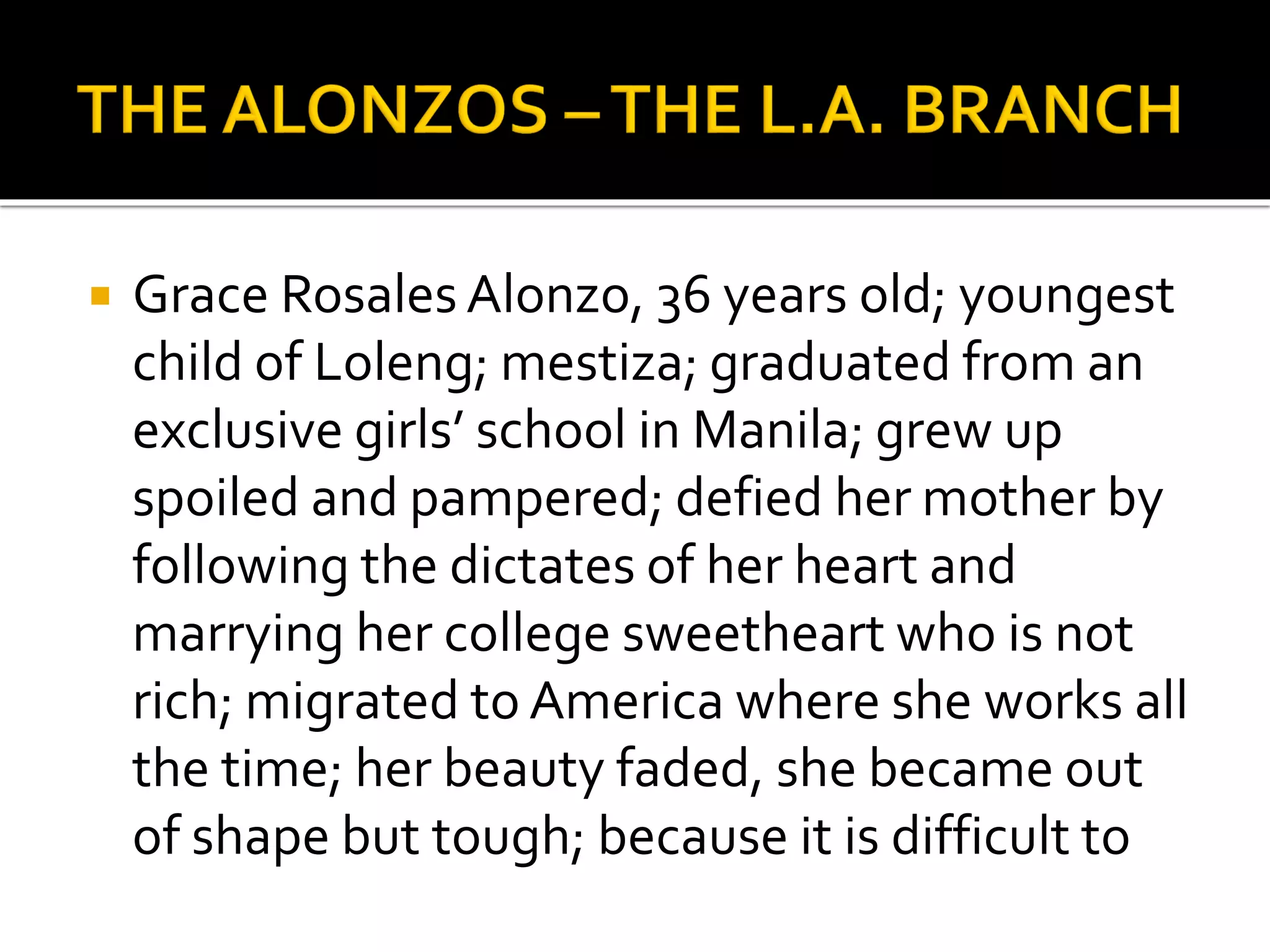  Grace Rosales Alonzo, 36 years old; youngest
child of Loleng; mestiza; graduated from an
exclusive girls’ school in Manila; grew up
spoiled and pampered; defied her mother by
following the dictates of her heart and
marrying her college sweetheart who is not
rich; migrated to America where she works all
the time; her beauty faded, she became out
of shape but tough; because it is difficult to
 