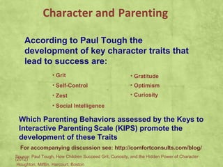 According to Paul Tough the
development of key character traits that
lead to success are:
• Grit
• Self-Control
• Zest
• Social Intelligence
• Gratitude
• Optimism
• Curiosity
Source: Paul Tough, How Children Succeed Grit, Curiosity, and the Hidden Power of Character
(2012)
Houghton, Mifflin, Harcourt, Boston
Which Parenting Behaviors assessed by the
Keys to Interactive Parenting Scale (KIPS)
promote the development of these Traits?
Character and Parenting
For accompanying discussion see: http://comfortconsults.com/blog/
 