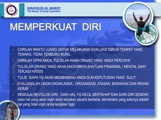  CARILAH WAKTU LUANG UNTUK MELAKUKAN EVALUASI DIRI DI TEMPAT YANG
TENANG, TIDAK TERBURU-BURU.
 CARILAH OPINI ANDA, TULISLAH NAMA ORANG YANG ANDA PERCAYAI
 TULISLAH ORANG YANG AKAN ANDA MINTA BANTUAN FINANSIAL / MENTAL SAAT
TERJADI KRISIS
 TULIS SIAPA YG AKAN MEMBIMBING ANDA DLM KEPUTUSAN YANG SULIT
 EVALUASILAH LINGKUNGAN ANDA : ORGANISASI, ATASAN, BAWAHAN DAN REKAN
KERJA
 MEMULAI REVOLUSI DIRI, DARI HAL YG KECIL BERTAHAP DAN DARI DIRI SENDIRI
(satu hal yang akan ingin anda kerjakan secara berbeda, sementara yang satunya adalah
hal yang tidak ingin anda kerjakan lagi)
 