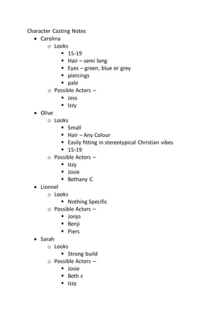 Character casting notes | DOCX | Television | Entertainment