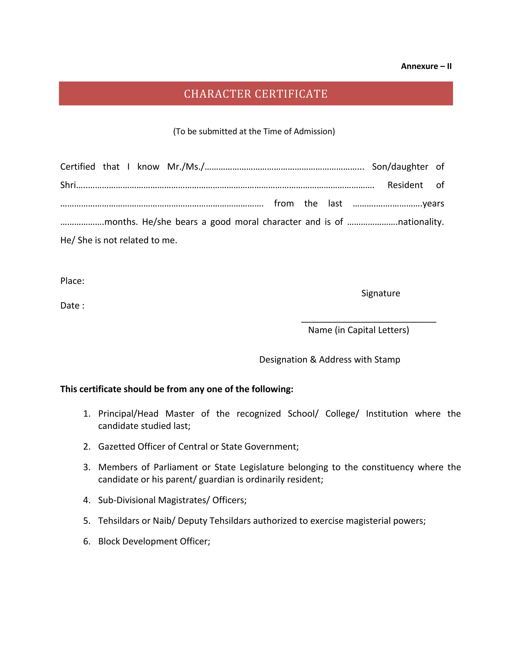 Sample 75 Characters Character certificate | PDF