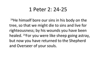 1 Peter 2: 24-25 24 He himself bore our sins in his body on the tree, so that we might die to sins and live for righteousness; by his wounds you have been healed.  25 For you were like sheep going astray, but now you have returned to the Shepherd and Overseer of your souls. 