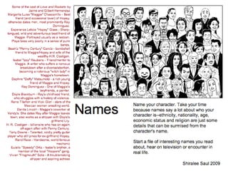 Names Name your character. Take your time because names say a lot about who your character is--ethnicity, nationality, age, economic status and religion are just some details that can be surmised from the character's name.  Start a file of interesting names you read about, hear on television or encounter in real life. Some of the cast of  Love and Rockets  by Jaime and Gilbert Hernandez Margarita Luisa "Maggie" Chascarrillo - Best friend (and occasional lover) of Hopey; otherwise dates men, most prominently Ray Dominguez.  Esperanza Leticia "Hopey" Glass - Sharp-tongued, wild and adventurous best friend of Maggie. Portrayed usually as a lesbian. Plays bass very poorly in a series of punk bands. Beatríz "Penny Century" García - bombshell friend to Maggie/Hopey and wife of the wealthy H.R. Costigan. Isabel "Izzy" Reubens - Friend/mentor to Maggie. A writer who suffers a nervous breakdown after a divorce/abortion, becoming a notorious "witch lady" in Maggie's hometown. Daphne "Daffy" Matsumoto - a rich young friend of Maggie and Hopey. Ray Dominguez - One of Maggie's boyfriends, a painter.  Doyle Blackburn - Ray's childhood friend, who struggles with a history of violence. Rena Titañon and Vicki Glori - stars of the Mexican women wrestling world.  Danita Lincoln - Maggie's coworker at Vandy's. She dates Ray after Maggie leaves town; also works as a stripper with Doyle's girlfriend Lily. H. R. Costigan - billionaire who has on-again, off-again affair with Penny Century. Terry Downe - Talented, coldly pretty guitar player who still pines for ex-girlfriend Hopey. Rand Race - Handsome, world-famous mechanic Eulalio "Speedy" Ortiz - Isabel's brother, a member of the local "Hoppers" gang,  Vivian "Frogmouth" Solis - A troublemaking stripper and aspiring actress Shiralee Saul 2009 