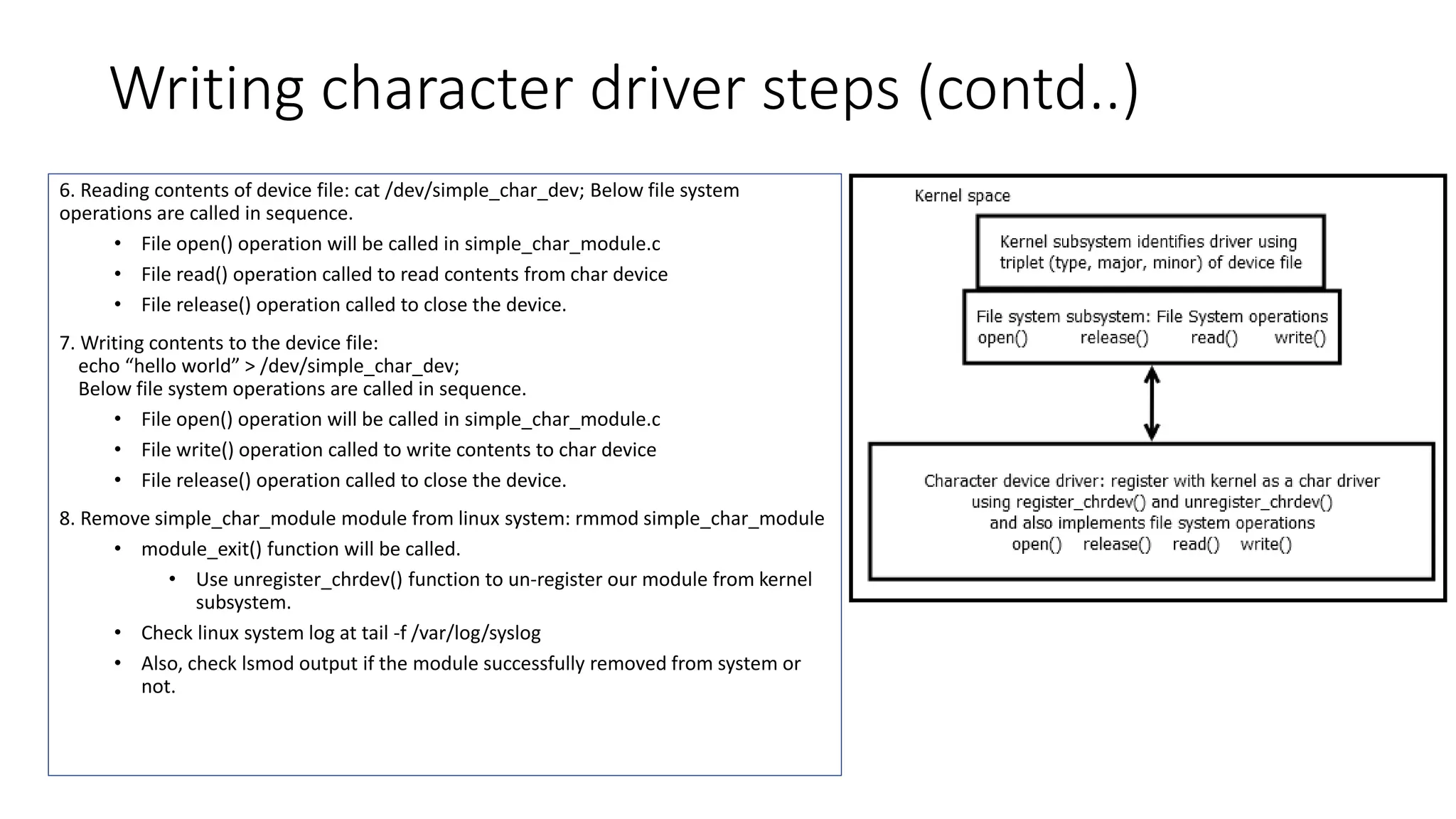 Writing character driver steps (contd..)
6. Reading contents of device file: cat /dev/simple_char_dev; Below file system
operations are called in sequence.
• File open() operation will be called in simple_char_module.c
• File read() operation called to read contents from char device
• File release() operation called to close the device.
7. Writing contents to the device file:
echo “hello world” > /dev/simple_char_dev;
Below file system operations are called in sequence.
• File open() operation will be called in simple_char_module.c
• File write() operation called to write contents to char device
• File release() operation called to close the device.
8. Remove simple_char_module module from linux system: rmmod simple_char_module
• module_exit() function will be called.
• Use unregister_chrdev() function to un-register our module from kernel
subsystem.
• Check linux system log at tail -f /var/log/syslog
• Also, check lsmod output if the module successfully removed from system or
not.
 