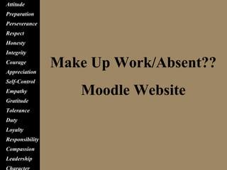 Make Up Work/Absent??
Moodle Website
Attitude
Preparation
Perseverance
Respect
Honesty
Integrity
Courage
Appreciation
Self-Control
Empathy
Gratitude
Tolerance
Duty
Loyalty
Responsibility
Compassion
Leadership
 