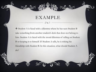 EXAMPLE
 Student A is faced with a dilemma where he has seen Student B
take something from another student’s desk that does not belong to
him. Student A is faced with the moral dilemma of telling on Student
B or keeping it to himself. If Student A tells, he is risking his
friendship with Student B. In this situation, what should Student A
do?
 