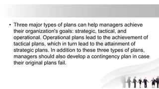 • Three major types of plans can help managers achieve
their organization's goals: strategic, tactical, and
operational. Operational plans lead to the achievement of
tactical plans, which in turn lead to the attainment of
strategic plans. In addition to these three types of plans,
managers should also develop a contingency plan in case
their original plans fail.
 