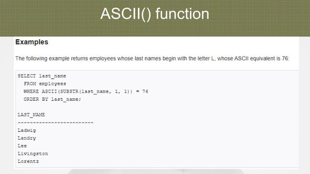 Character function in MySQL | Oracle | PPT image.