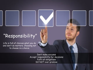 11
Don’t make excuses
Accept responsibility for decisions
Fulfil all obligations
DO NOT over-promise
Life is full of choices-what you do
and don’t do matters. Choosing not
to choose is a choice.
“Responsibility”
 
