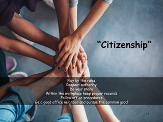17
Play by the rules
Respect authority
Do your share
Within the workplace keep proper records
Follow office procedures
Be a good office neighbor and pursue the common good
“Citizenship”
 