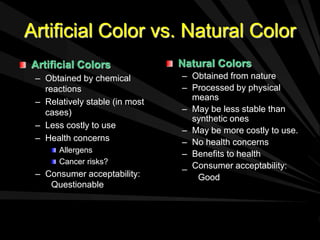 Artificial Color vs. Natural Color
Artificial Colors
– Obtained by chemical
reactions
– Relatively stable (in most
cases)
– Less costly to use
– Health concerns
Allergens
Cancer risks?
– Consumer acceptability:
Questionable
Natural Colors
– Obtained from nature
– Processed by physical
means
– May be less stable than
synthetic ones
– May be more costly to use.
– No health concerns
– Benefits to health
_ Consumer acceptability:
Good
 
